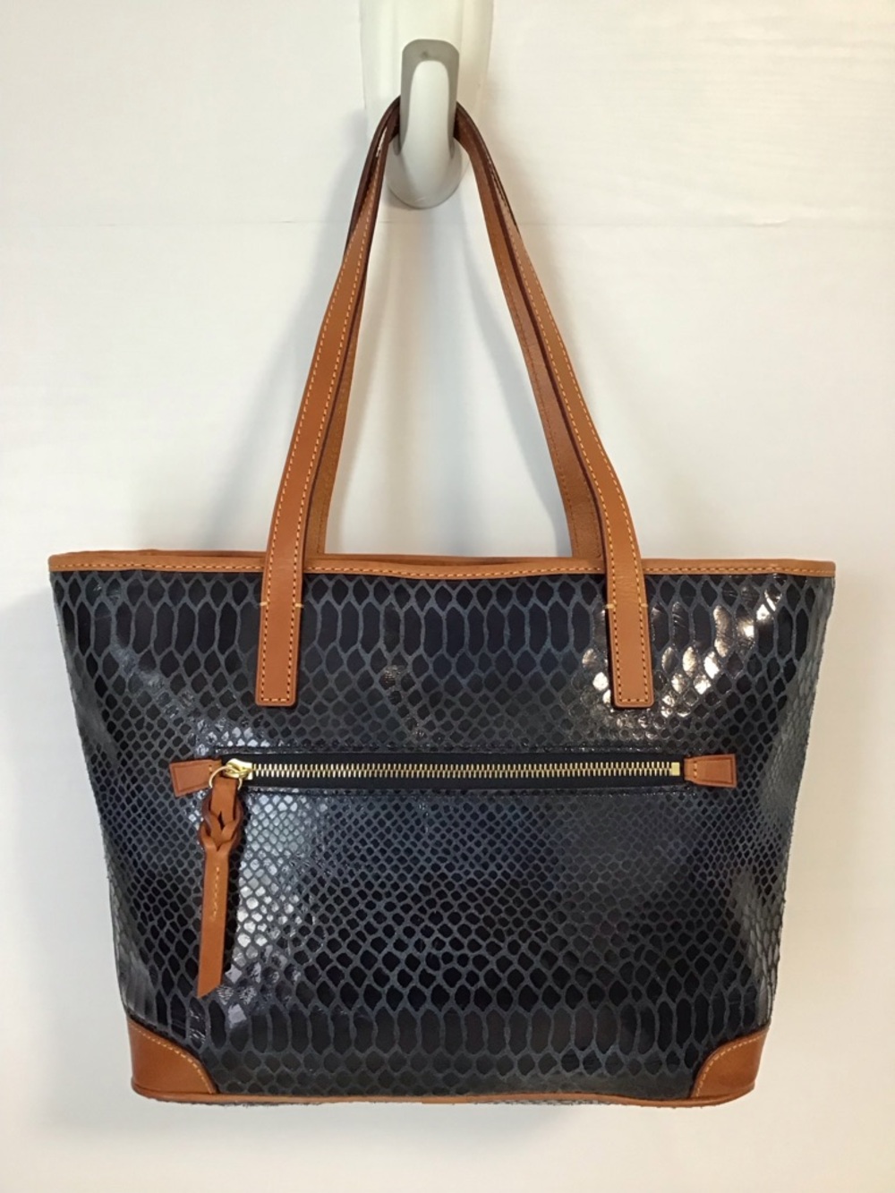 DOONEY & BOURKE Dark Blue Exotic Leather Tan Straps Tote Excellent - Picture 3 of 16